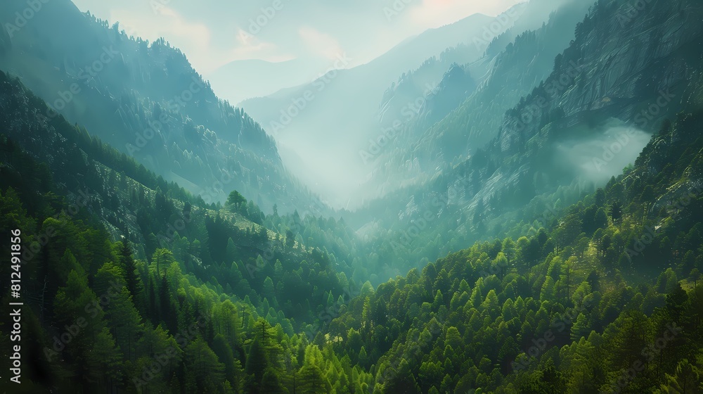 A panoramic view of a vast valley, flanked by rugged mountains on either side, with a dense forest of evergreen trees carpeting the valley floor, creating a harmonious blend of earthy tones .