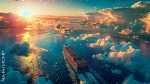 A large container ship sails on a calm sea towards a bright setting sun photo