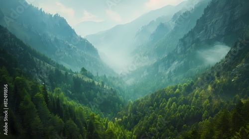 A panoramic view of a vast valley, flanked by rugged mountains on either side, with a dense forest of evergreen trees carpeting the valley floor, creating a harmonious blend of earthy tones . © Pareshy