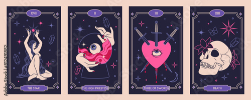 Tarot card frame. Eye magic, heart, scull and naked woman body. Design esoteric, illustration moon, background mystic, pattern design. Poster astrology, boho gold occult. Vector spiritual symbol