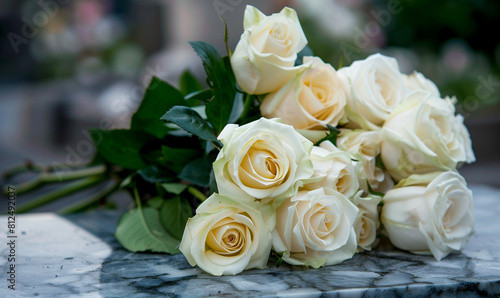 A bouquet of white roses lying on a marble tombstone in a cemetery is a symbol of tribute and memory to the deceased.