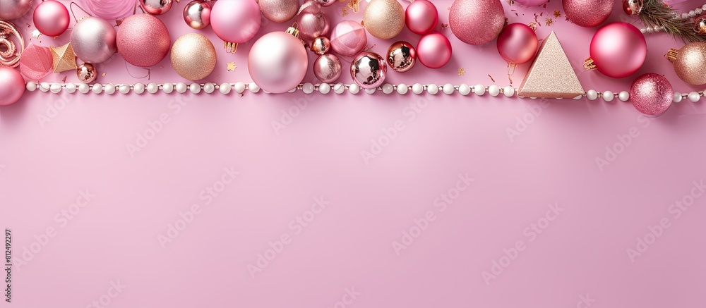 A festive pink Christmas border adorned with gifts and decorations The top down perspective showcases its allure providing ample room for text A festive pink Christmas border adorned with gifts and decorations The top down perspective showcases its allure providing ample room for text