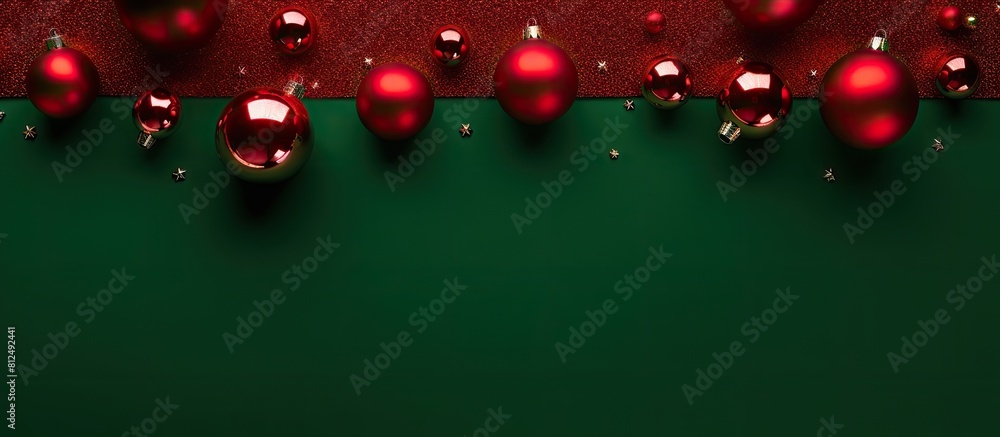 A festive Christmas pattern showcases shiny red and green baubles on a red background with copy space This minimalistic wintery design represents the new year The top view and flat lay angle enhance A festive Christmas pattern showcases shiny red and green baubles on a red background with copy space This minimalistic wintery design represents the new year The top view and flat lay angle enhance