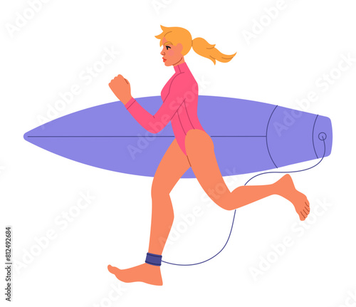 Hobby and craft. Surfing sport. Woman in swimsuit carrying surfboard. Extreme active leisure. Tropical ocean beach. Summer vacation. Surf athlete. Sea coast. Summertime travel. Vector young surfer © Natalia