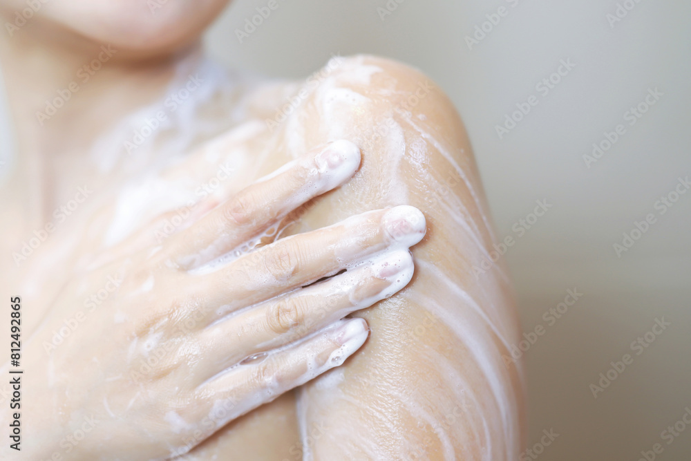 Women use liquid soap to shower to help eliminate bacteria. Women use liquid soap to shower to help eliminate bacteria.