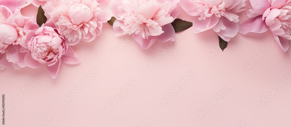 A pastel pink peony flowers and leaves isolated on a pale pink background Flat lay view with copy space image