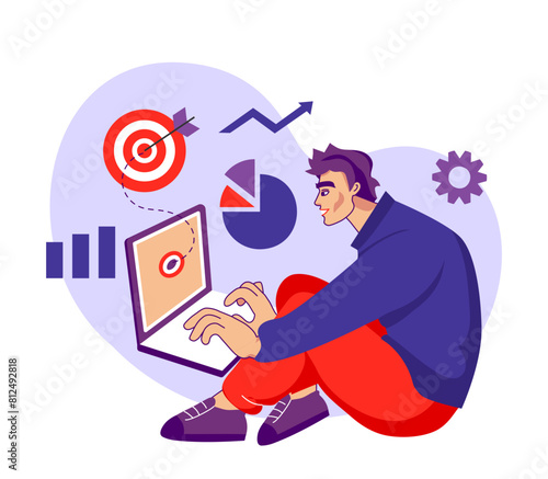 Business leadership. Successful businessman. Freelancer work. Man with laptop. Profit diagram. Investment income. Goal success target. Finance growth infographic. Management strategy. Vector concept © Natalia