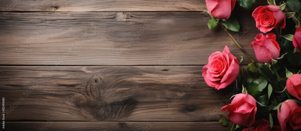 A flower frame with roses placed on a weathered wooden board creating a pattern texture suitable for design purposes The composition offers ample copy space for an image