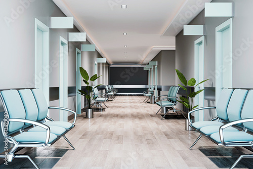 Futuristic corridor in a medical facility with aqua blue chairs and clean architectural lines, illuminated by ambient lighting. 3D Render © Who is Danny