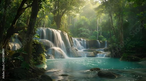 Beautiful waterfall in green forest in jungle © Hem