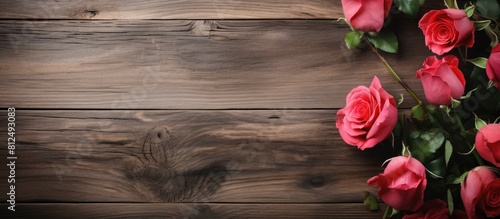 A flower frame with roses placed on a weathered wooden board creating a pattern texture suitable for design purposes The composition offers ample copy space for an image