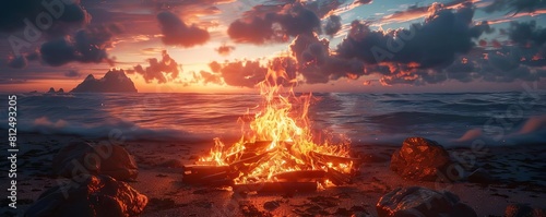A bonfire on a beach where the flames create figures and faces, telling ancient stories of fire gods photo
