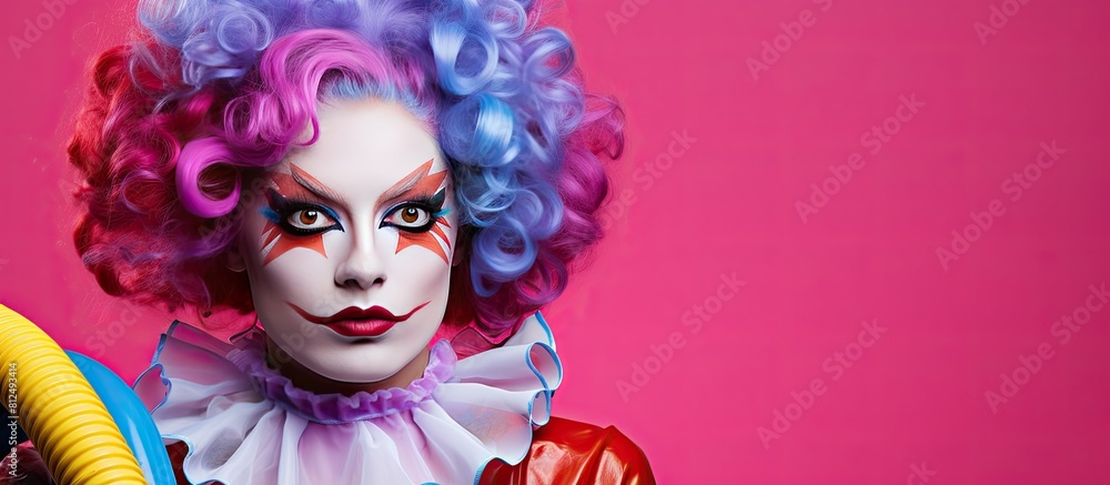 A girl wearing a clown costume and wig holding a vacuum cleaner poses on a colorful background in a copy space image A girl wearing a clown costume and wig holding a vacuum cleaner poses on a colorful background in a copy space image