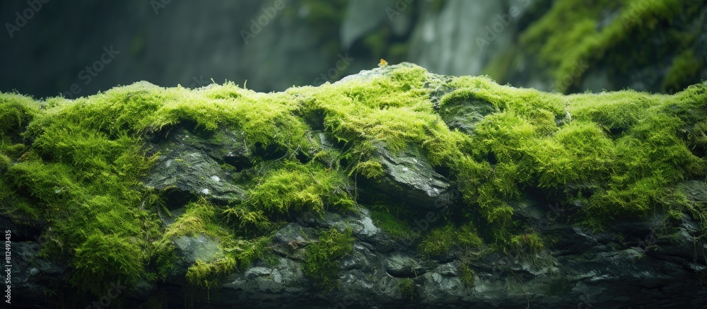 Geological theme background with a close up copy space image of a textured natural rock covered in lush green moss and lichen Geological theme background with a close up copy space image of a textured natural rock covered in lush green moss and lichen