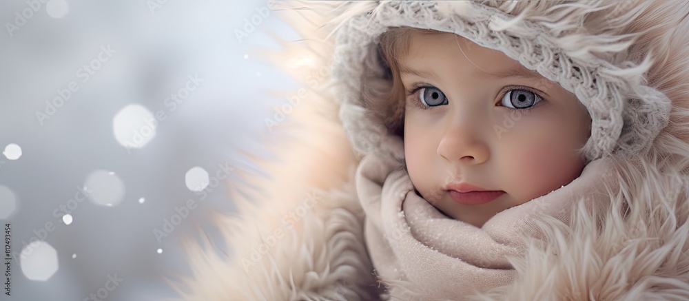 A gorgeous baby girl adorns a snowy backdrop wrapped in a cozy winter fur coat The copy space image captures her elegance A gorgeous baby girl adorns a snowy backdrop wrapped in a cozy winter fur coat The copy space image captures her elegance