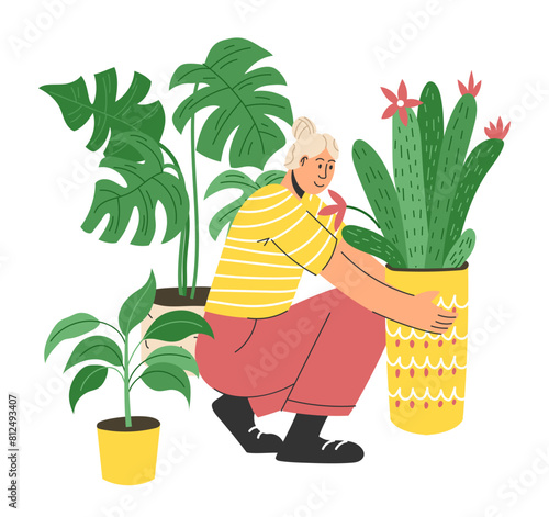 Woman carry houseplants. Home gardening hobby. Girl with succulent and ficus in pots. Cozy interior decor with cactus and monstera. Happy girl indoor vector cartoon flat style isolated illustration © Natalia