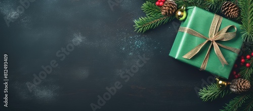 Top view composition of holiday gifts in a green box intertwined with ropes and a fresh fir tree branch on a festive background offering ample copy space for your message photo