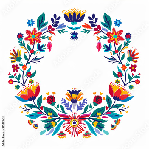 vector illustration of colorful traditional Polish folk ornament with flowers wreath on white background  flat design  simple shapes  colorful