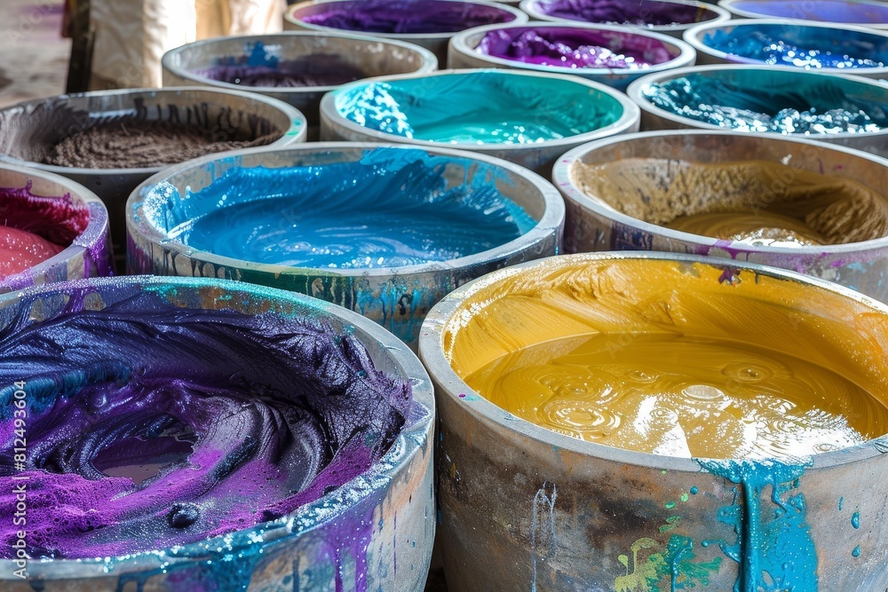 A row of colorful buckets filled with paint A row of colorful buckets filled with paint