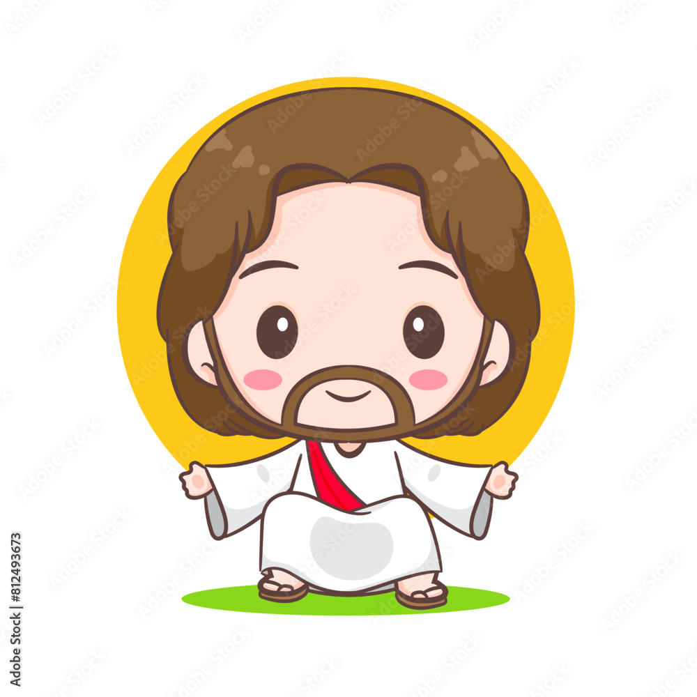 Cute Jesus Christ sitting cartoon character. Hand drawn Chibi character, clip art, sticker, isolated white background. Christian Bible for kids. Mascot logo icon vector art illustration Cute Jesus Christ sitting cartoon character. Hand drawn Chibi character, clip art, sticker, isolated white background. Christian Bible for kids. Mascot logo icon vector art illustration
