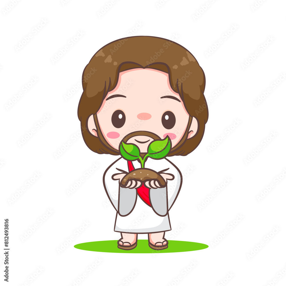 Cute Jesus Christ carries seed cartoon character. Hand drawn Chibi character, clip art, sticker, isolated white background. Christian Bible for kids. Mascot logo icon vector art illustration Cute Jesus Christ carries seed cartoon character. Hand drawn Chibi character, clip art, sticker, isolated white background. Christian Bible for kids. Mascot logo icon vector art illustration