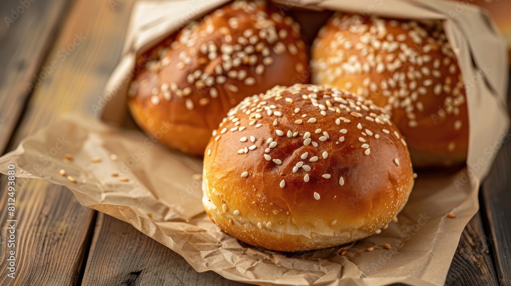Appetizing sesame burger buns in a paper package on a wooden surface Appetizing sesame burger buns in a paper package on a wooden surface