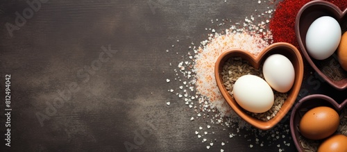 Heart shaped bowls containing quail and chicken eggs are placed on a textured background creating an appealing copy space image These ingredients can be used to make homemade natural hair and skin ca