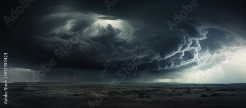 The dark huge storm clouds dominate the sky with their black and stormy appearance creating a dramatic and menacing atmosphere. Creative banner. Copyspace image