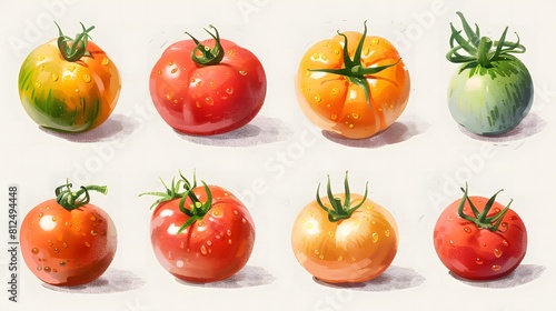 A flat drawing of different tomatoes on a white background