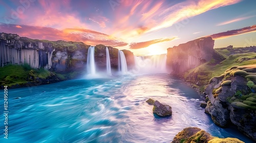 Beautiful waterfall in green forest in jungle