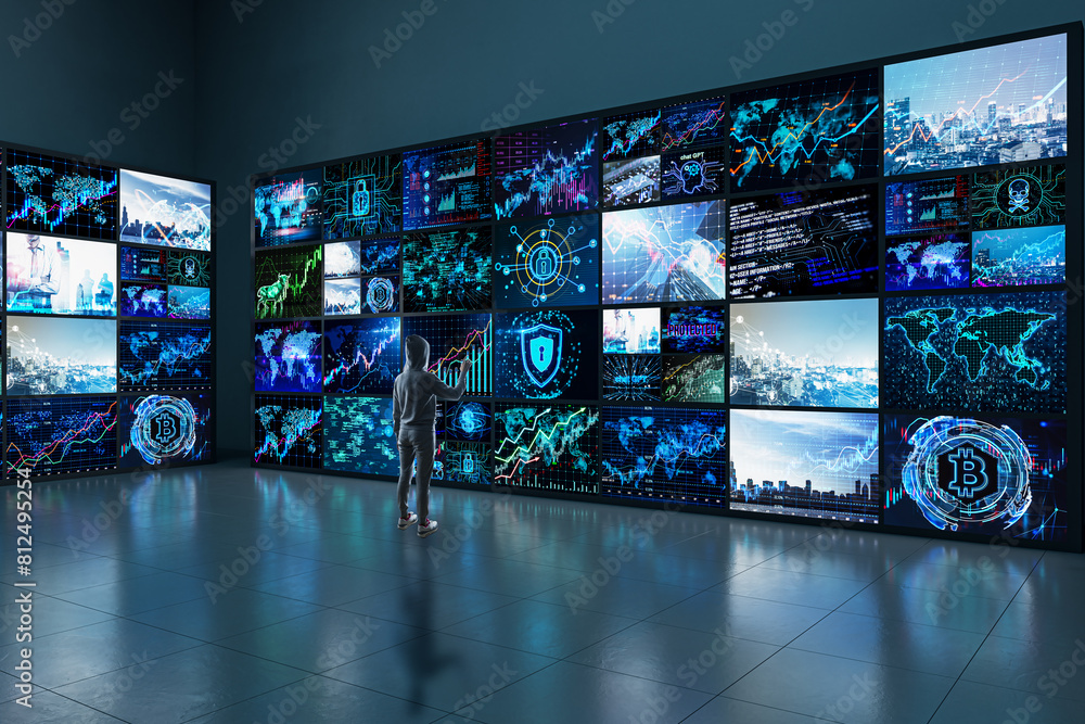User hacker in hoodie standing in creative dark screen room with reflections on floor. Information leak, news and security concept. User hacker in hoodie standing in creative dark screen room with reflections on floor. Information leak, news and security concept.