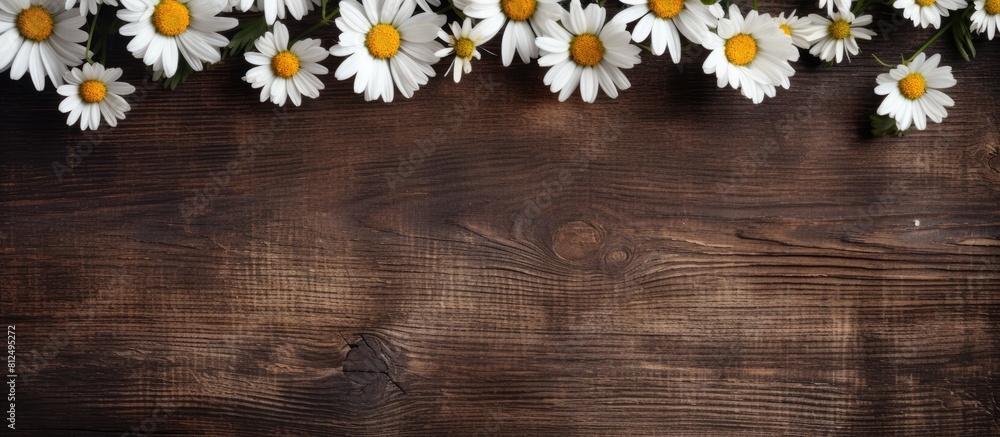 Obraz premium Copy space image of chamomile flowers on a horizontal brown wooden background with an abstract texture