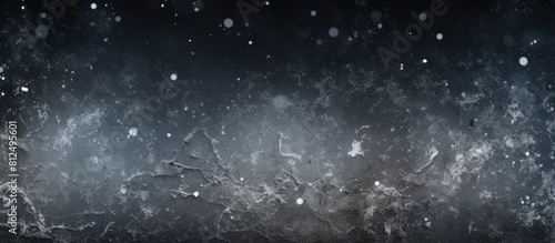 Copy space image of a frost covered flaky black textured wall in the street with small snowflakes and frost adorning its dark and shattered surface