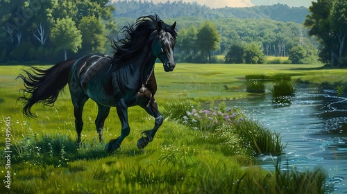  Intriguing 3D painting showcasing a regal black mare, its glossy coat and flowing mane meticulously rendered in lifelike detail. 
