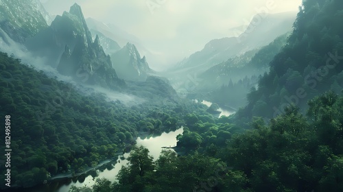 A peaceful woodland scene with a winding river snaking through a valley, flanked by towering mountains and dense clusters of trees in varying shades of green, creating a scene of natural tranquility © Pareshy