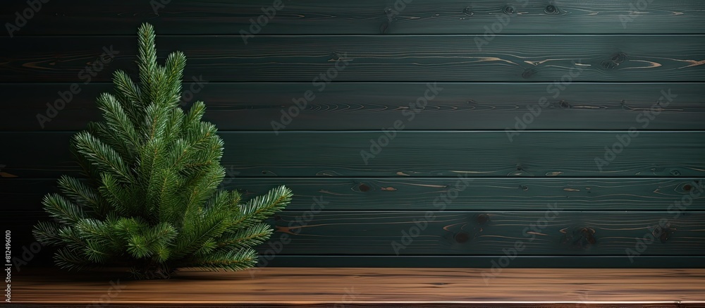 A copy space image of a fake green spruce with room for writing on a backdrop of real wood A copy space image of a fake green spruce with room for writing on a backdrop of real wood