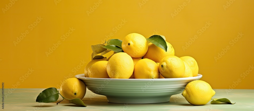 A copy space image featuring a plate adorned with fully ripened lemons resting on a bright table A copy space image featuring a plate adorned with fully ripened lemons resting on a bright table