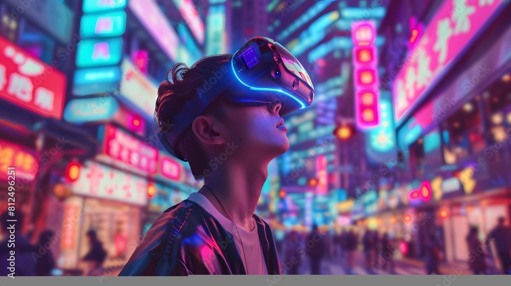 young emotional people on multicolored background in neon light. Concept of human emotions, facial expression, sales. Smiling, playing videogames with VR-headset, modern young emotional people on multicolored background in neon light. Concept of human emotions, facial expression, sales. Smiling, playing videogames with VR-headset, modern