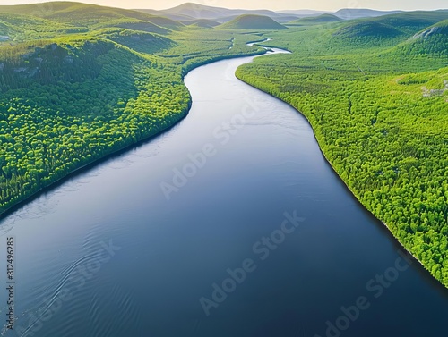 Create a peaceful landscape background, inspired by popular stock photo settings, featuring a calm river winding through a lush forest