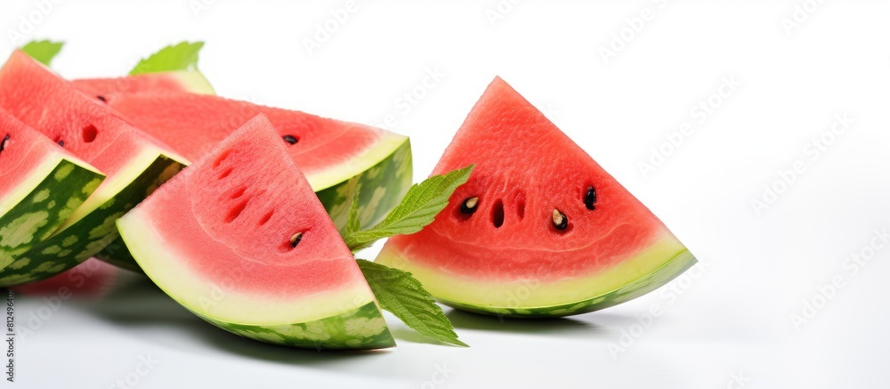 A copy space image featuring fresh watermelon slices adorned with mint leaves against a white background A copy space image featuring fresh watermelon slices adorned with mint leaves against a white background