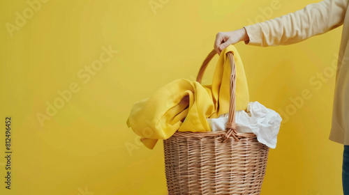 A person is holding a basket full of clothes on a yellow wall. The basket is made of wicker and is filled with various pieces of clothing. Concept of organization and tidiness