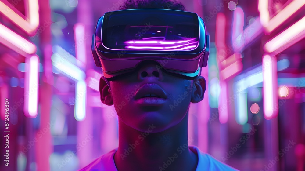 young emotional people on multicolored background in neon light. Concept of human emotions, facial expression, sales. Smiling, playing videogames with VR-headset, modern young emotional people on multicolored background in neon light. Concept of human emotions, facial expression, sales. Smiling, playing videogames with VR-headset, modern