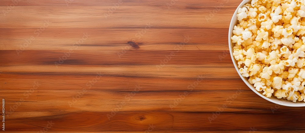 A copy space image featuring a wooden background with a bowl of popcorn chips and a TV remote viewed from above A copy space image featuring a wooden background with a bowl of popcorn chips and a TV remote viewed from above