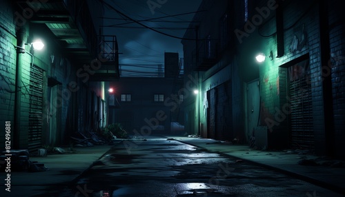 Neon lit empty alleyway at night, creating a dramatic backdrop for film noir inspired graphics or tech ads