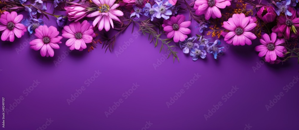 A copy space image of flowers seen from above set against a vibrant purple background A copy space image of flowers seen from above set against a vibrant purple background