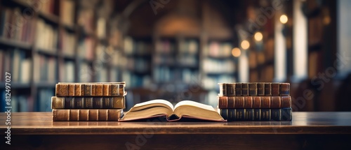 Open book on a wooden library table surrounded by a scholarly atmosphere, suitable for cover art or educational material photo
