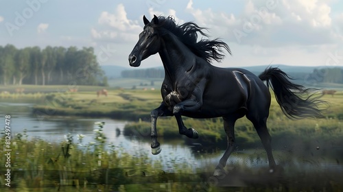  Intriguing 3D painting showcasing a regal black mare, its glossy coat and flowing mane meticulously rendered in lifelike detail. 