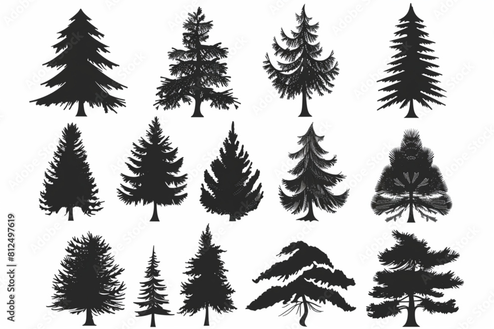 
Black vector icons set of pine tree, Christmas trees on white background with reflection. Vector illustration