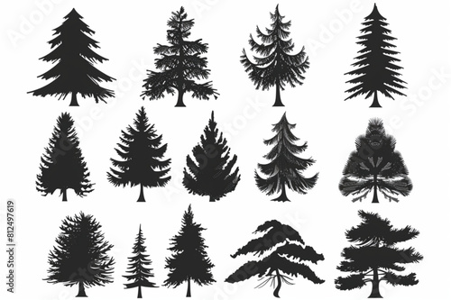  Black vector icons set of pine tree  Christmas trees on white background with reflection. Vector illustration