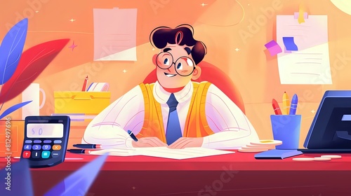 Illustration of Senior Account Manager surrounded by spreadsheets, financial reports, and colleagues
